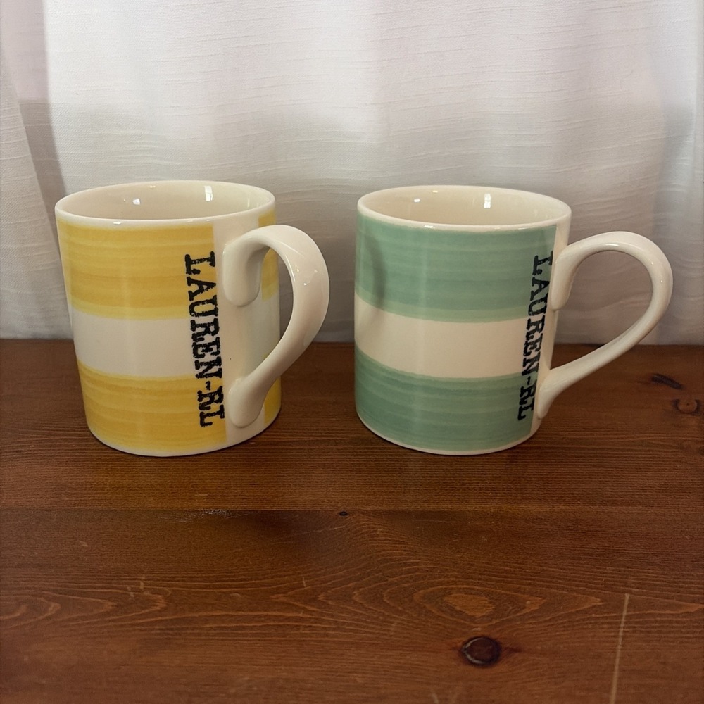 2 Vintage Maritime Stripe Mugs by Ralph Lauren 1 Yellow‎ 1 Green